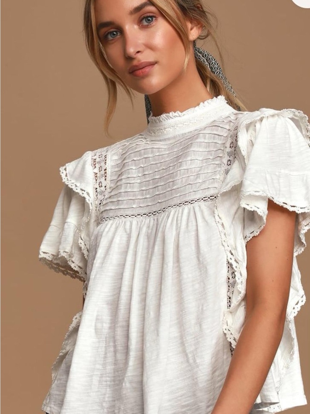 Chelsea & Violet Ivory Lace-Trim Flutter Sleeve Top